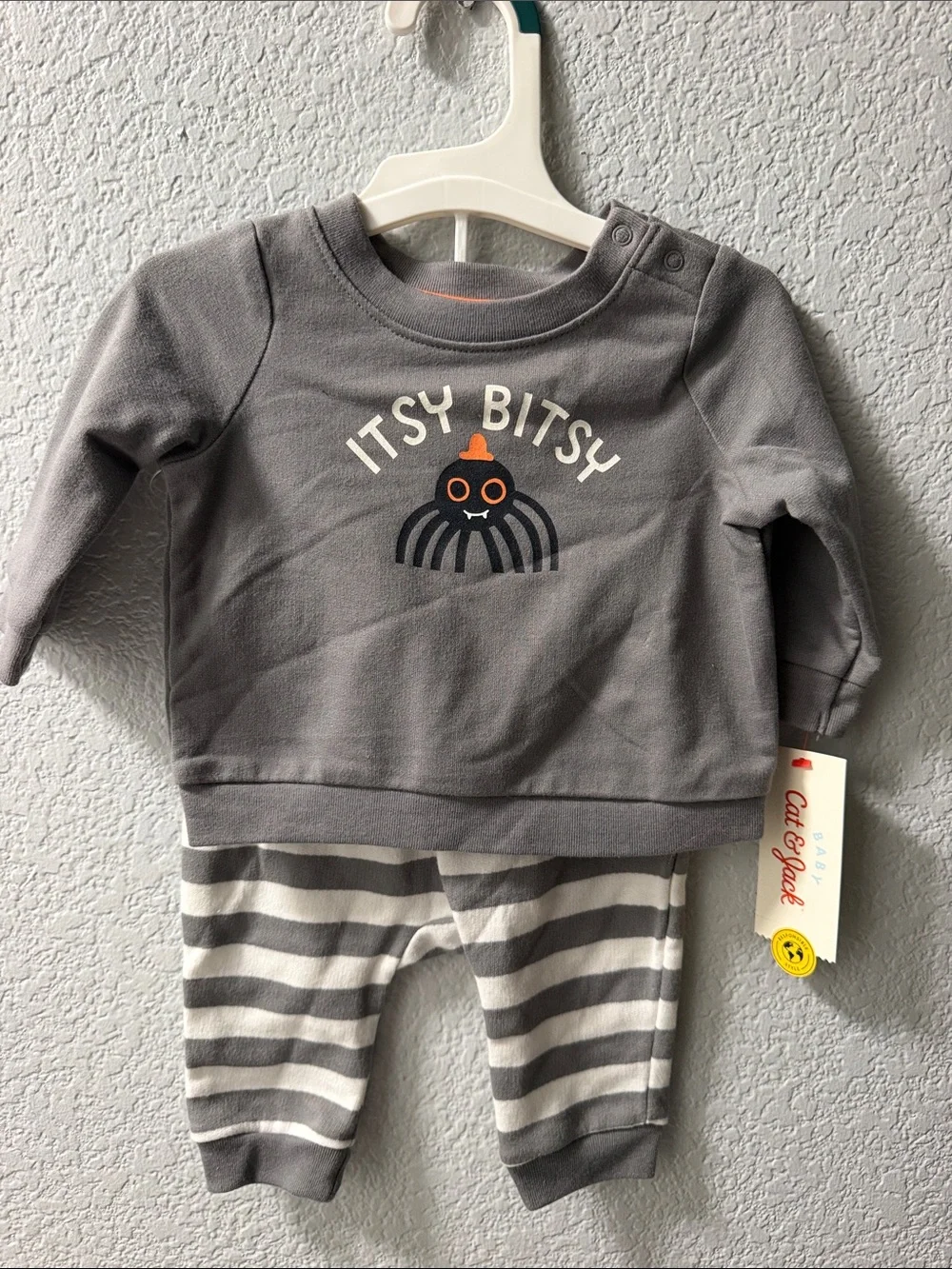 Cat & Jack Gray 'Itsy Bitsy' Sweatshirt and Striped Pants Set Halloween size 0-3